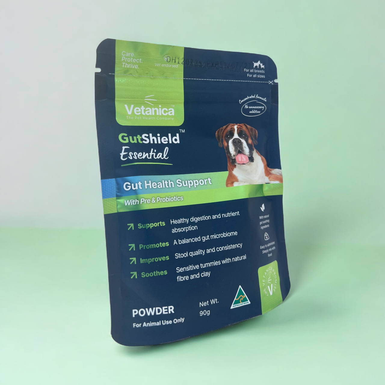 Vetanica GutShield Essential dog supplement package on a green background