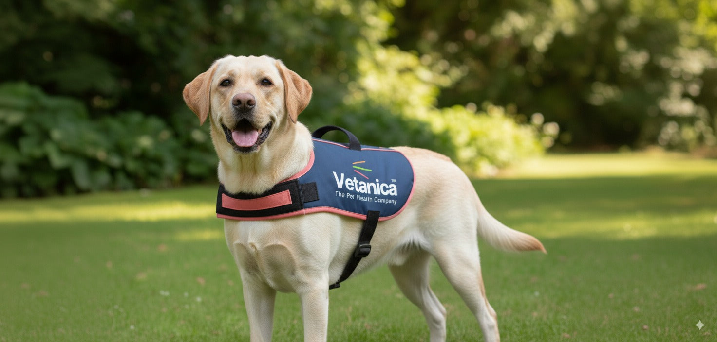 Dog wearing a blue vest with 'Veternica' branding in an outdoor setting